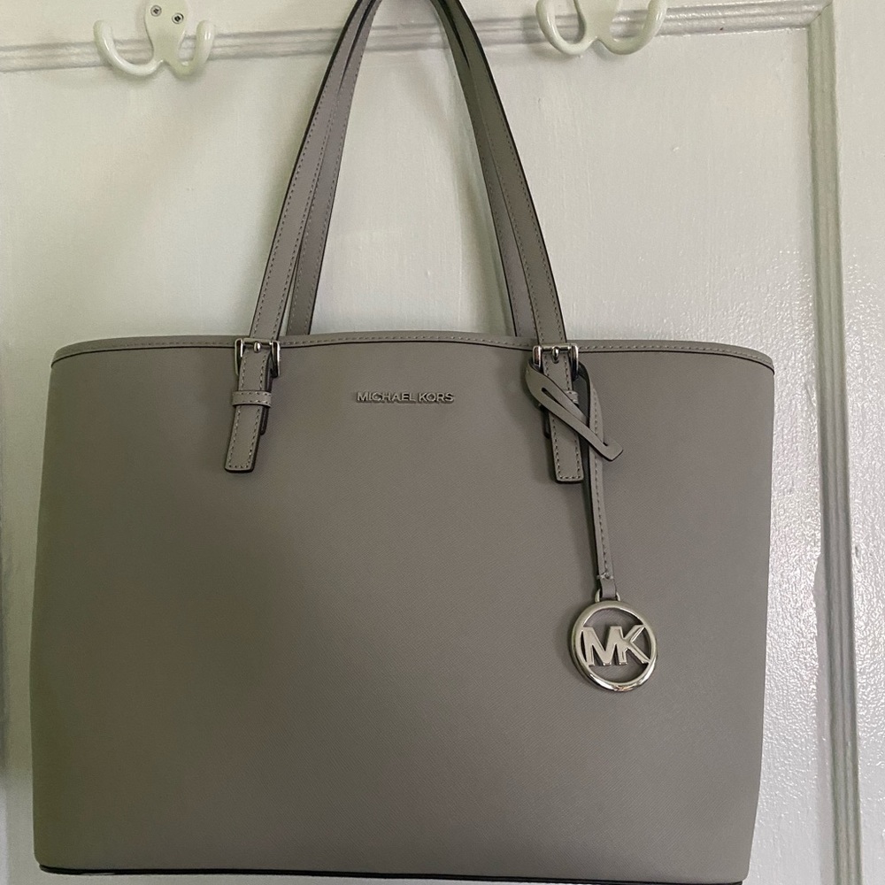 Leather Tote Michael Kors Jet Set Travel in Pearl Grey